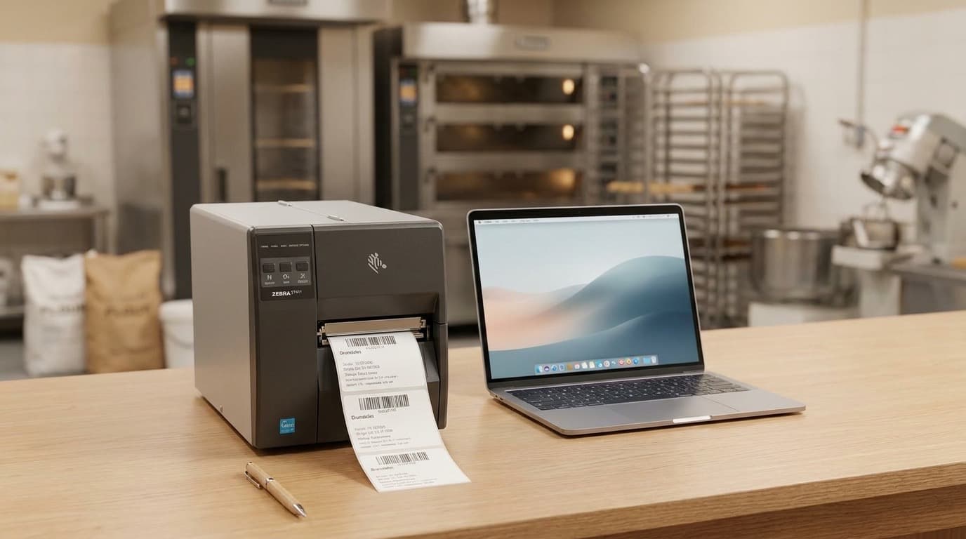Zebra label printer printing product labels next to a laptop on a bakery workbench, with deck ovens in the background