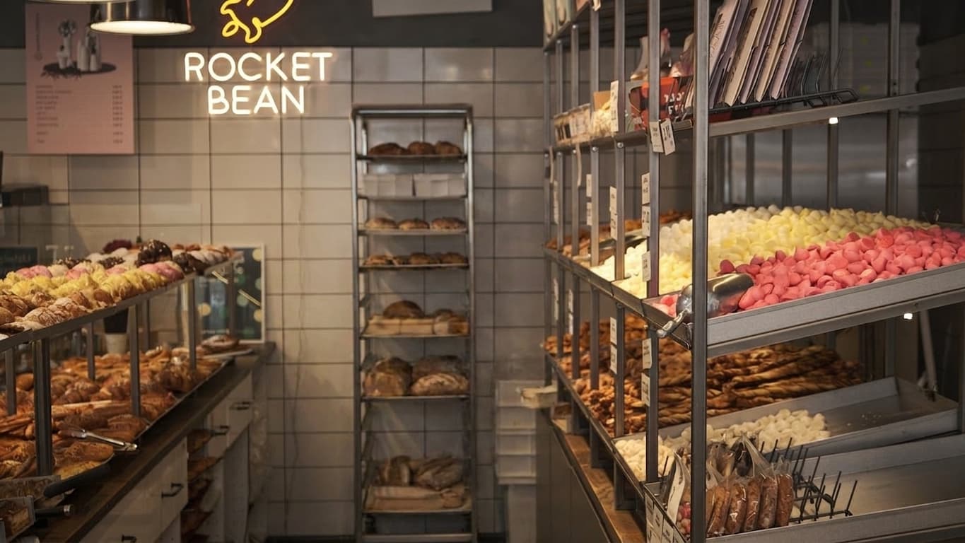 Fresh bread and pastries on display at the Bazaar Bakery shop counter